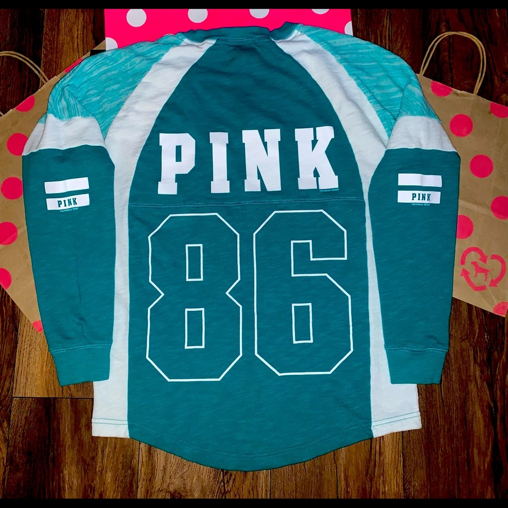 VS PINK size SMALL Maldive Green Color Block Varsity Sweatshirt. Like New.